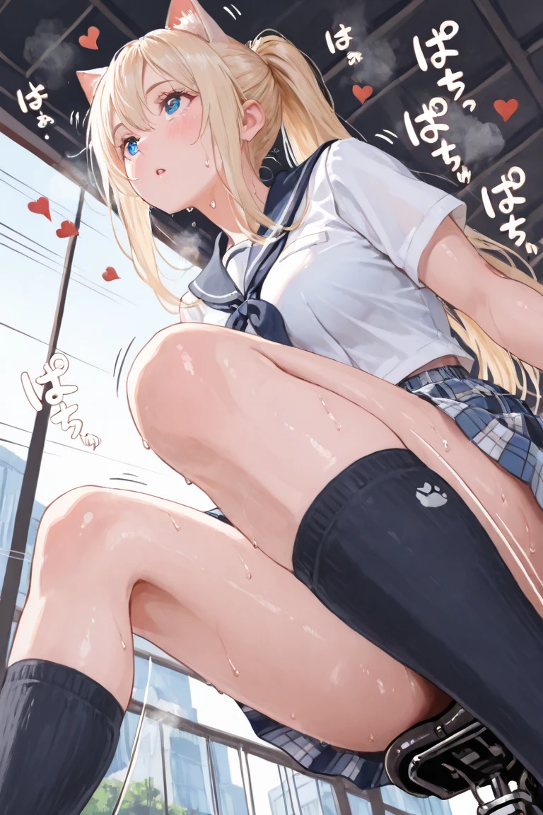 masterpiece, highest quality, High resolution, kitagawa marin sb, 1 girl, blonde hair, long hair, colorful hair, red eyes, jewelry, earrings, earrings, , white shirt, tide shirt, Black choker, Blue tie, plaid skirt, (full body), lace black panties,(show panties:1.3), (panty shot:1.3), ((the front of the shirt is open)), (The wind is blowing up my skirt:1.3), outdoor, shopping