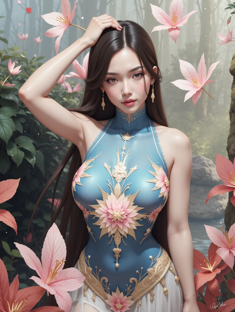 (masterpiece, top quality, best quality, official art, beautiful and aesthetic:1.2), (1girl:1.3), extremely detailed,(fractal art:1.1),(colorful:1.1)(flowers:1.3),highest detailed,(zentangle:1.2), (dynamic pose), (abstract background:1.3), (chinese dress:1.2), (shiny skin), (many colors:1.4), ,(earrings:1.4),