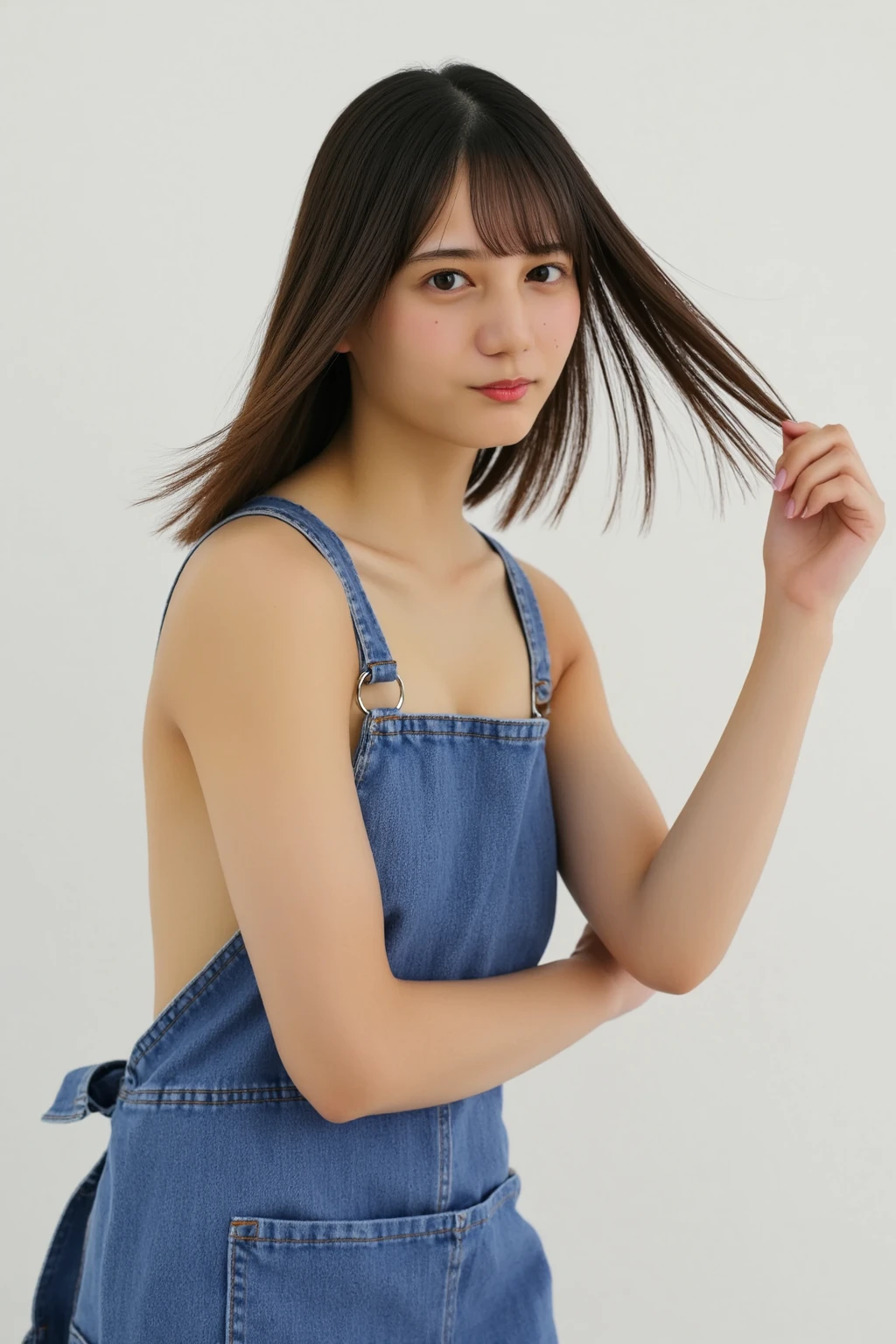A cute boy, Looks about 12 years old (short hair), Height about 140 cm, Wearing very short overalls next to the skin, Overalls that reveal almost all of your bare skin, flat chest like a boy, Slender body, The wall is a concrete wall, Black Hair, eyeball, Surrealism, Blurred, Cinema Lighting, Bokeh, Very detailed, Anatomically correct, Accurate, Award-winning, 16K, The clothes are transparent, Short torso, Anatomically correct body balance, slightly plump figure, soft, artwork, naked overalls, Wear only overalls, naked arms, choker, naked ((The private parts are almost visible))