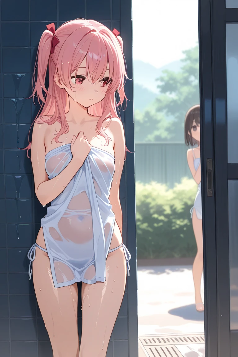 nsfw:1.5,1 Girl with long hair and dress, 1 girl is going to the toilet, Looking away, Are standing, Embarrassing、Embarrassing, Blushing, Shut your mouth., street (The girl is urinating: 0.4), nakedのおっぱい, seminaked, naked, tetas nakeds, Bent Over, Huge