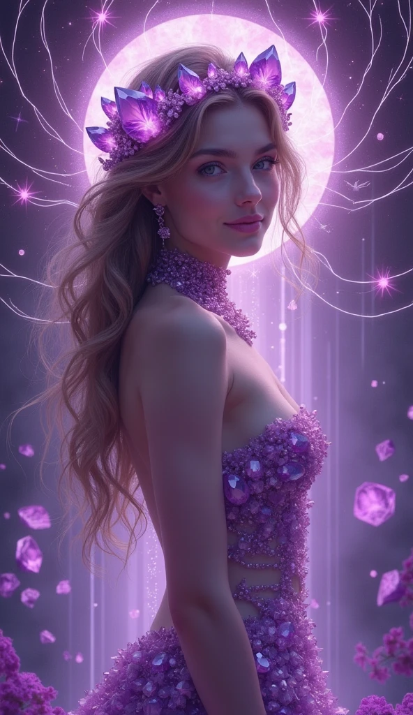 detailed background, masterpiece, best quality, 1 person , curly hair, long hair, purple eyes, star in eye , Strapless blouse, long skirt