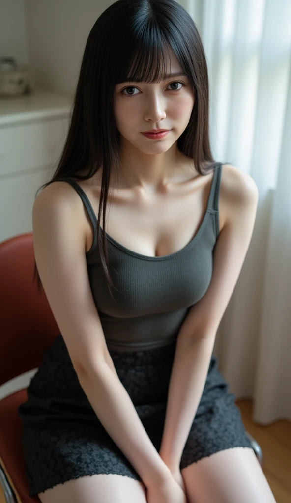 muste piece, best quality, illustration, Super detailed, fine details, High resolution, 8K,wall paper, perfect dynamic composition,(Details High quality, realistic depiction of eyes:1.3), from side, tanktop, huge breasts, Erotic shorts, short hair, (wavy hair:1.2), black hair color, Big Natural Color Lip, (living room, Studying at a desk, sitting, crossed arms), crying a little、cold gaze, Harajuku style、20 year old girl、cute type、ta, Gravure Idol, full body photo、focus on crotch
