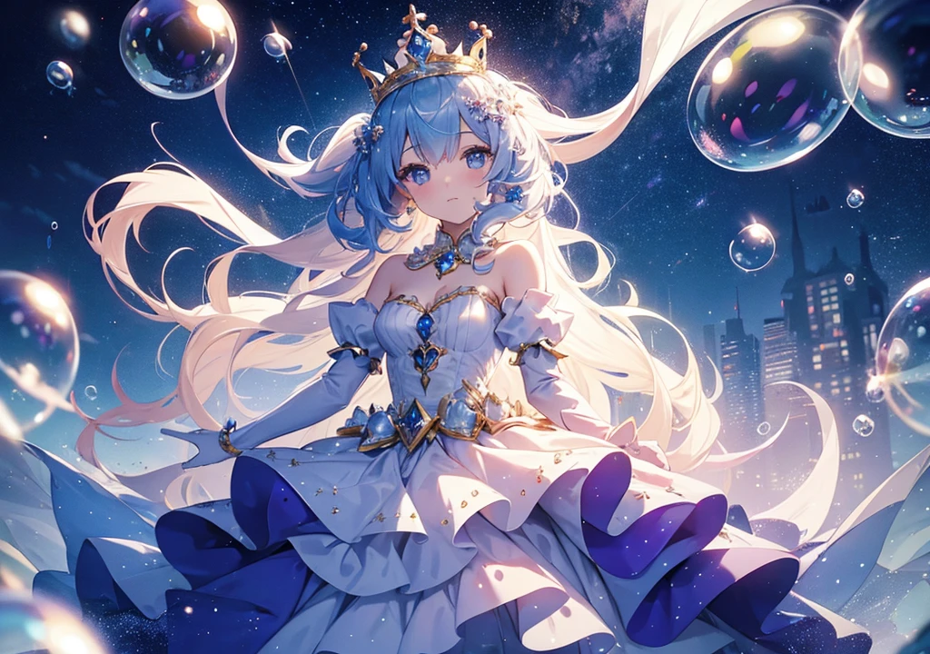 masterpiece, best quality, 8k resolution, sharp focus, intricate detail, beautiful girl, sparkling eyes, golden ratio face, otherworldly liquid, watercolor, ((pastel colors)), bright colors, whimsical, colorful, sharp focus, high resolution, fine detail, princess fantasy ballgown, ((round eyes)), iridescent bubbles, castle landscape in background