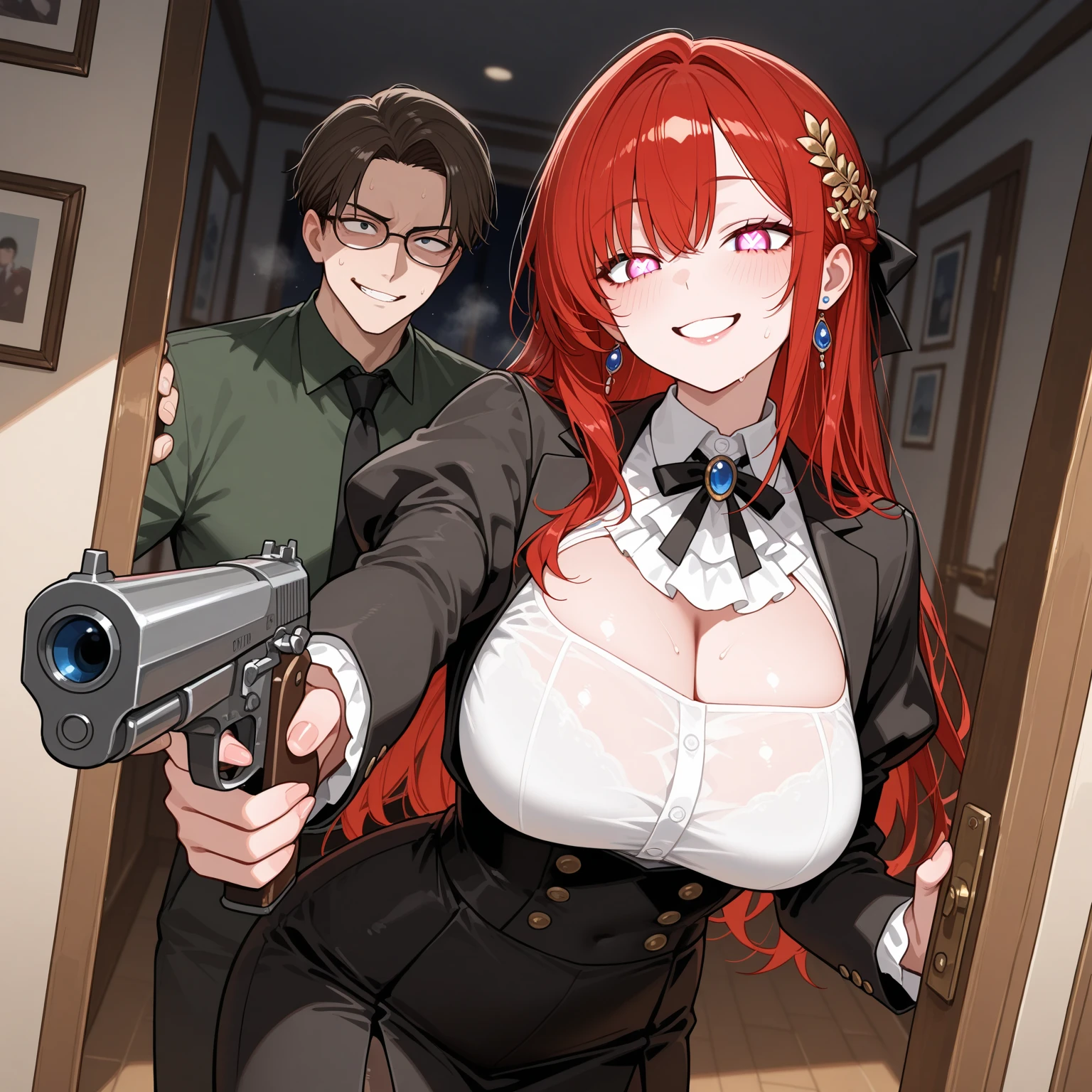 Redhead Kushina in a sexy Lacey red lingerie,big breast ,standing in a crowded bar,high heels ,milf ,mid 30s, raikage ay (black man)hugging kushina o from behind ,grabbing ass ,stealth ass grab