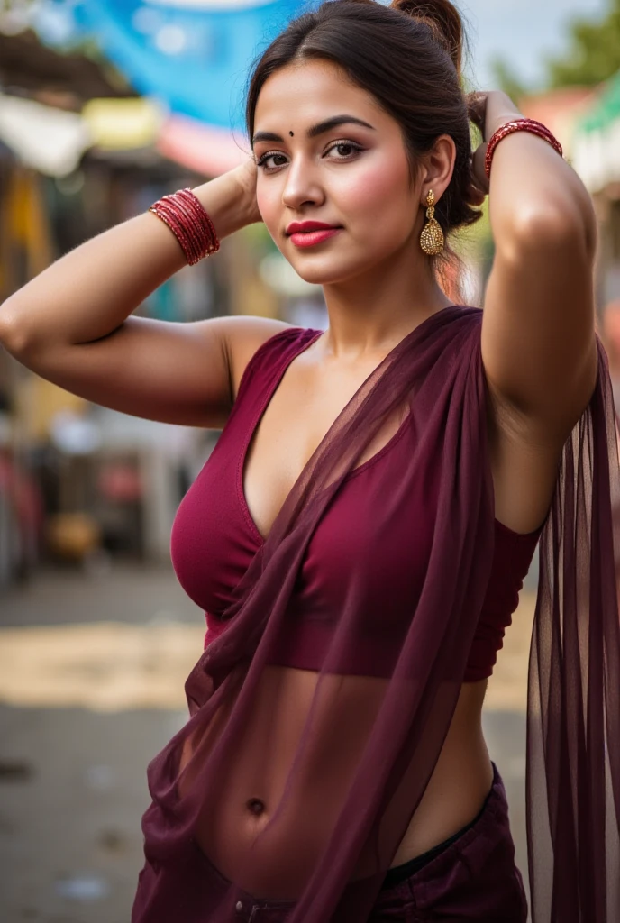Both hands on head showing very dark hairy armpits,((best quality)), ((masterpiece)), (detailed), (beautiful realistic model), (SFW:1.5), Bindi on forehead, Wearing huge earrings ,Smiling  alluring face,Standing in a crowded fish market , Full body potrait,Standing pose,Wearing dark maroon transparent saree, wearing dark red sleeveless blouse,dark red lipstick on lucious lips,Hair bun,big large  with deep cleavage, plenty red bangles in both hands, showing navel and  midriff, both hands stretched up Showing dark hairy armpits, voluptuous figure,perfect realistic face,  highly detailed face, blue eyes, Indian woman with features, (busty:1.7), (ultra  bimbo body:1.5),