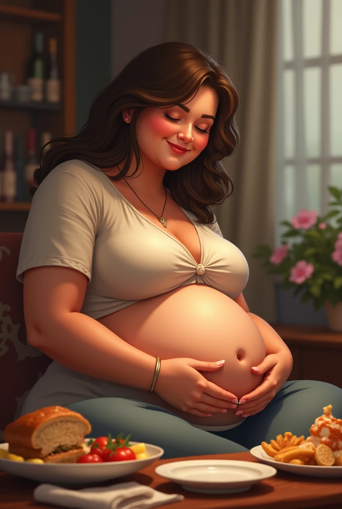 Soft woman, kitchen, baking, housewife, brunett, straight hair, apron, huge boos, gigant boops size F, fat butt, curvy butt, she has a littel chubby belly, behind her blond man, he is grabning her belly