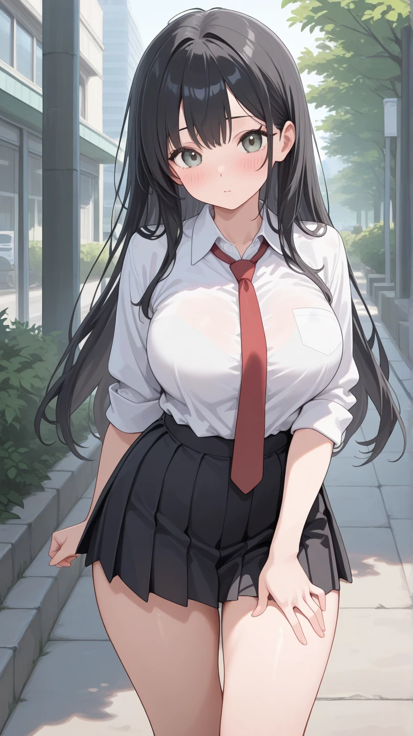 masterpiece, high quality, 8k, official art, nsfw, 1girl, solo, takamine_takane, red eyes, black hair, long hair, <lora:takamine_takane_lora_ver2:0.7>, smug smile, smug, no blush, d cup breasts, broad shoulders, narrow waist, hair ribbon, absurdress, necktie, school uniform, white shirt, collared shirt , collarbones, navel, short sleeves, pleated skirt, lifted skirt, classroom, sun rays, back light, soft light, <lora:undressing_panties_v0.1:1.5> , undressing, (panty pull:1.5), (black lace panties:1.5), leaning forward, bent over, pulled by self, clothes pull, from front