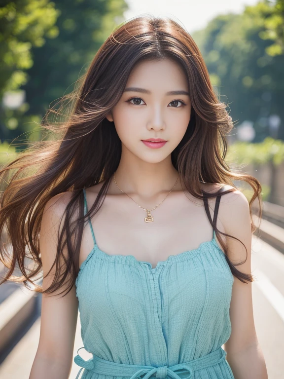 A beautiful young Korean girl, 16 years old, lay down beside a highway road in a park, wearing an above-knee length elegant seafoam dress, cute and sweet, photorealistic, 8k, ultra-detailed, masterpiece, gorgeous colors, natural lighting, serene landscape, cinematic composition, detailed facial features, long lashes, rosy cheeks, porcelain skin, delicate features, warm smile, graceful pose, flowing dress, lush foliage, winding path, blue sky, wispy clouds, beautiful face, realistic face, realistic skin, realistic smile, realistic atmosphere, every thing is realistic, cutest smile, realistic body, realistic body language, mouth watering beauty, cute face, stylish look, stylish angles, tempting eyes, realistic hands, realistic arms, realistic hand fingers, realistic legs, bright skin, perfect body figure, round youngest breasts, beautiful soft smooth thighs, bright skin, bright body, hot figure, Slender,