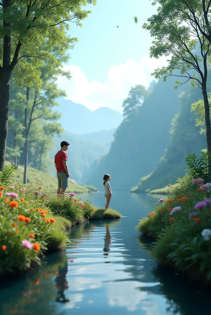 Very beautiful boy and girl respectively riding on fish and flying in the air in the red forest 3D,Large depth of field perspective,Dreamism,Vivid effects and details,Excellent picture quality,A high resolution