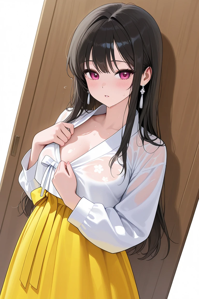 (((masterpiece))), (((best quality))), ((ultra-detailed)), (highly detailed CG illustration), (masterpiece:1.5), Detailed Photo, innocent shy, (Best Quality: 1.4), (1girl), Beautiful Face, (Black Hair, long Hair: 1.3), Beautiful Hairstyle, beautiful detail eyes, (realistic skin), beautiful skin, absurd, attractive, ultra high resolution, high definition, shy pose, full body view,Beautiful , white background, pink soft white light, pink pajama, busty breast,see through nipple, nipple out,(hair over one eye:1.4), Messy hair,hair between eyes,pubic hair pussy, dense pubic Hairy pussy .