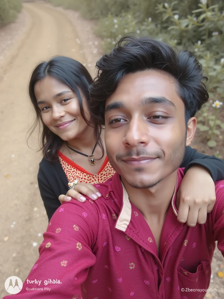there are two people that are posing for a picture together, lovely couple, selfie!!!!!, in love selfie, couple pose, selfie photo, with lovely look, selfie, taken with the best dlsr camera, couple, with village, a picture, happy couple, selfie photography, last selfie ever taken, very very low quality picture, by Thota Vaikuntham. add more light