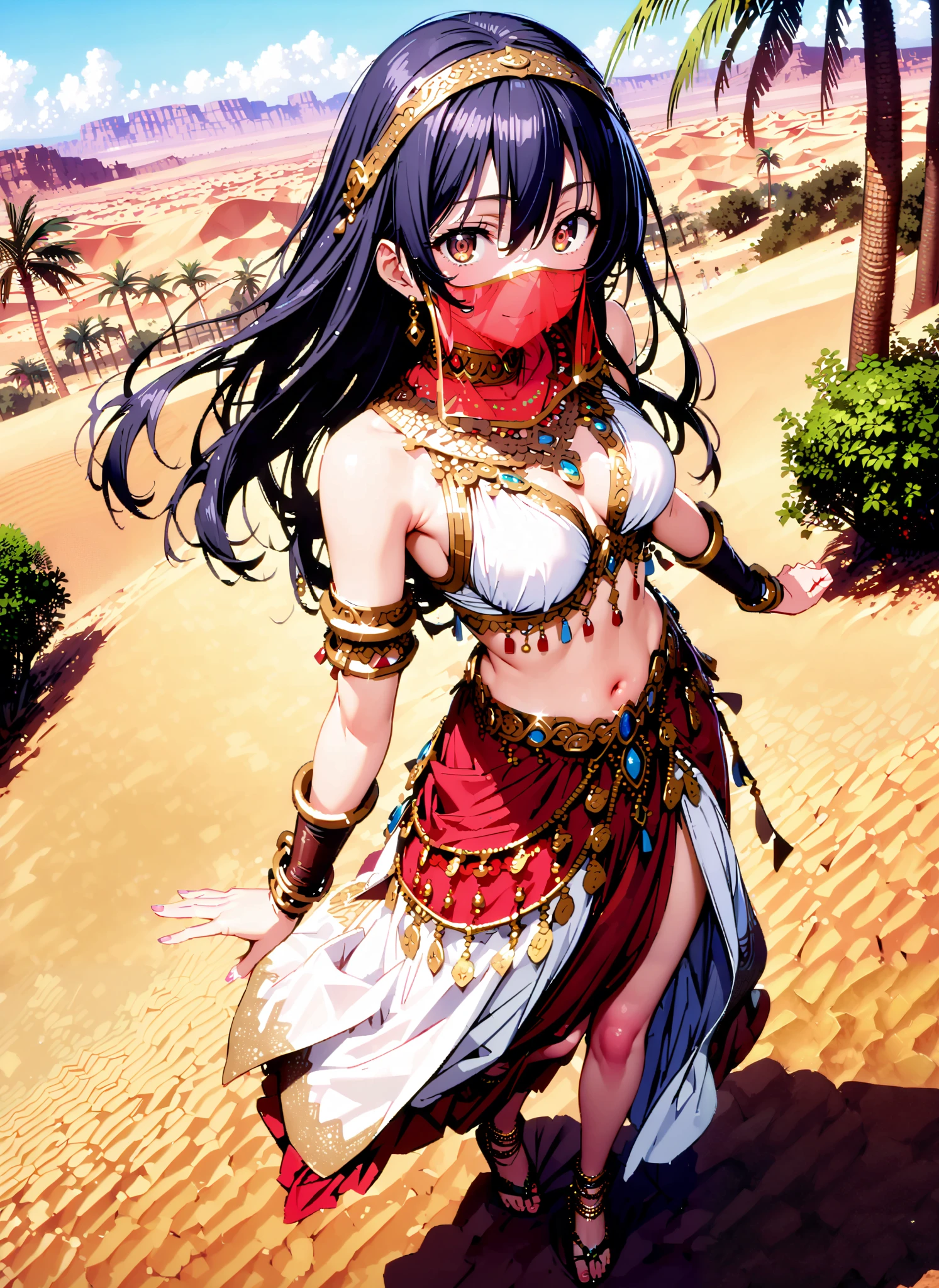 score_9, score_8_up, score_7_up, source_anime, Sonoda Umi , long straight hair, bungs, hair between eyes, brown eyes, blue hair,smile,cover, small ,Arabian clothing, dancer , mouth Veil, belly Dancing,Bare legs, Veil, Armlet,Palm Trees,full bodyがillustrationsに入るように, break outdoors, desert,オアシス
break looking at viewer,full body,
break (masterpiece:1.2), Top Quality, high resolution, Unity 8k 壁紙, (illustrations:0.8), (beautiful detailed eyes:1.6), very detailed face, so that it fits into the illustration, extremely detailed CG, (Perfect Hand, perfect anatomy),