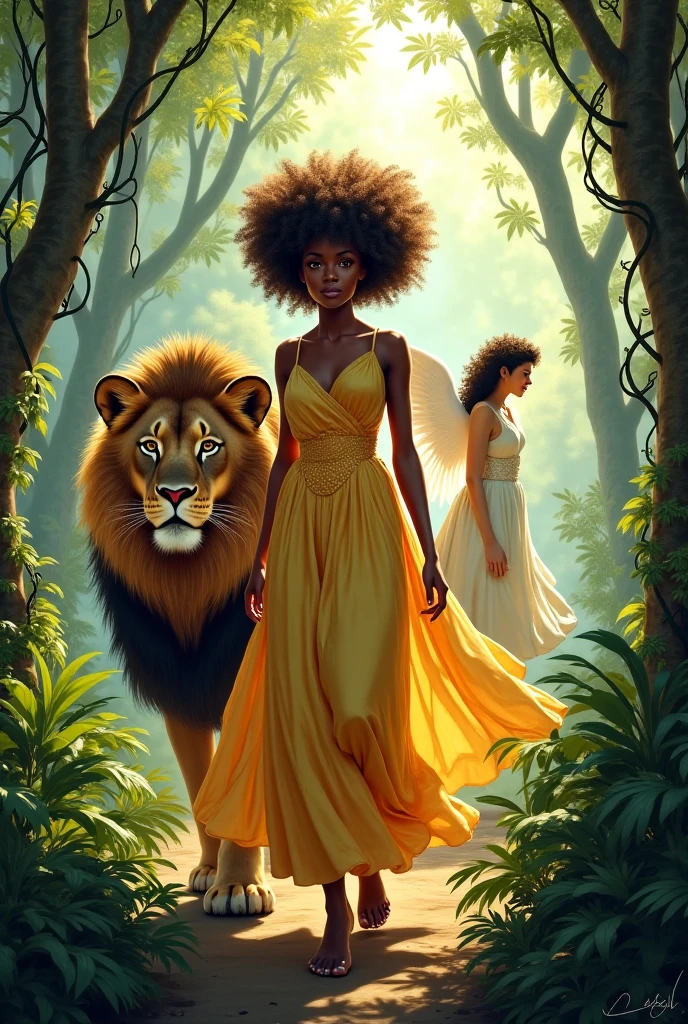 Ethiopian Queen Saba, her skin is more light, her outfit like white cotton dress, her crown like king Solomon, full body, lion and tiger, garden,guard.