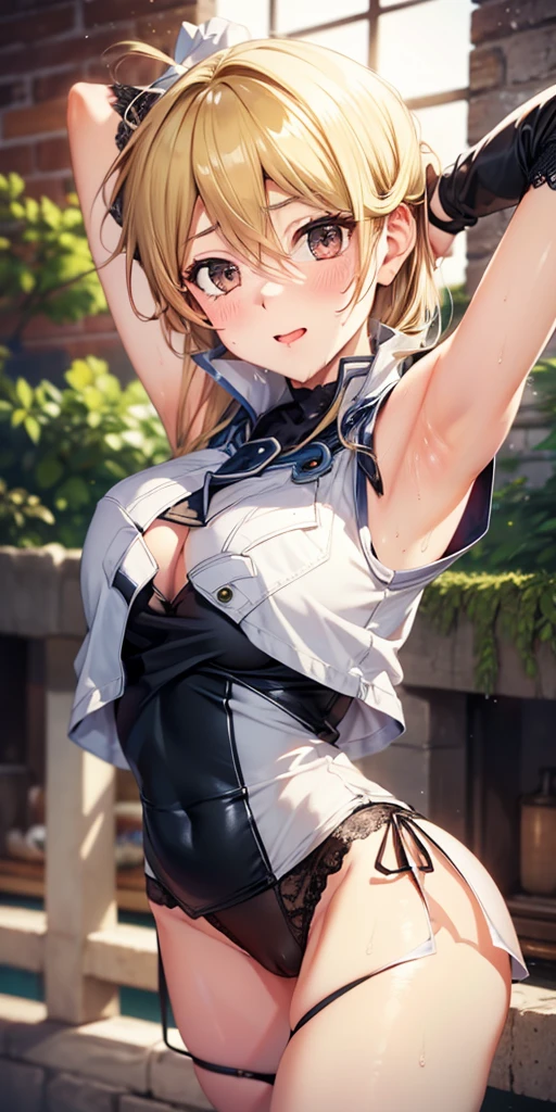 <lora:power:0.9>,((power )),blonde hair,leaning against wall,red horns