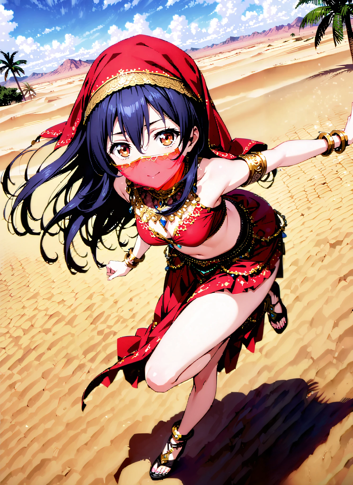 score_9, score_8_up, score_7_up, source_anime, Sonoda Umi , long straight hair, bungs, hair between eyes, brown eyes, blue hair,smile,cover, small ,Arabian clothing, dancer , mouth Veil, belly Dancing,Bare legs, Veil, Armlet,Palm Trees,full bodyがillustrationsに入るように, break outdoors, desert,オアシス
break looking at viewer,full body,
break (masterpiece:1.2), Top Quality, high resolution, Unity 8k 壁紙, (illustrations:0.8), (beautiful detailed eyes:1.6), very detailed face, so that it fits into the illustration, extremely detailed CG, (Perfect Hand, perfect anatomy),