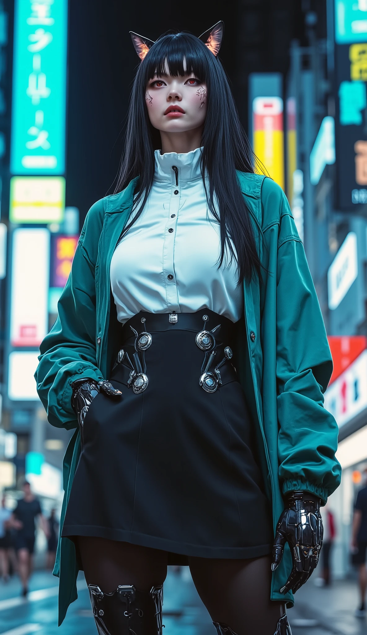a fair-skinned Japanese woman, red eyes, very feminine and delicate features, long black hair with a straight cut with straight bangs, long cat ears the color of her hair, office clothes white dress shirt with buttons, a thin petrol green coat, black knee-length flared skirt with a discreet vertical cut piano black gloves with some metallic gray details on the left arm and a leather glove that shows the fingers on the right hand with some metal details on the glove, pantyhose, elegant boots with high heels, large breasts, night in a cyberpunk city with blue lights shining on her, she makes an elegant pose for the photo.
