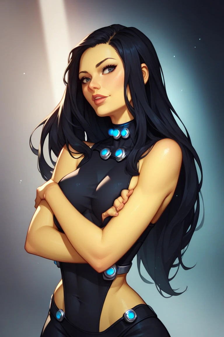 score_9, score_8_up, score_7_up  1girl, solo, symmetra \(overwatch\), dress, light, dark background, gradient background, pearl necklace, adjusting hair, sidelighting, makeup, backlighting, looking to the side, long hair, parted lips, cleavage,