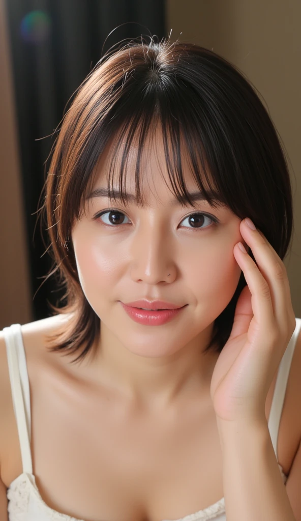 dark brown hair、light brown eyes、Japanese actor face、 Lady、me'me like him and me'me'me am about 40 years old.、(intricate details:1.2)、(Which one is on top??:1.4)、 (ultra high resolution:1.2)、ultra high resolution、(finely tuned)、(detailed facial features)、nffsw、8K 해상도、D cup size breasts、long hair、bedroom、sleeping in bed、me'me 아파서 침대에 누워있어、painful expression、luxurious space、feel safe、、,full body photo、beautiful feet、Pajamas、beautiful feet、she, extreme detail, very detailed, realistic, hourglass body, obscene pose,、、me cry a lot、tear、(Ororoid Photos:1.2)、A masterpiece of transparent painting、8K、32,000、best quality、(detail of both eyes)、Put your head on the pillow、Put a towel on your forehead to cool it down、Angle from above、