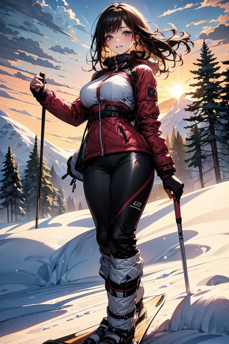 huntress, female, solo, standing, red boots, breasts, helmet, bodysuit, scarf, armor, gloves, AK-47, AKM, kalashnikov_rifle, assault_rifle, holding_gun, outside, mountain, snow