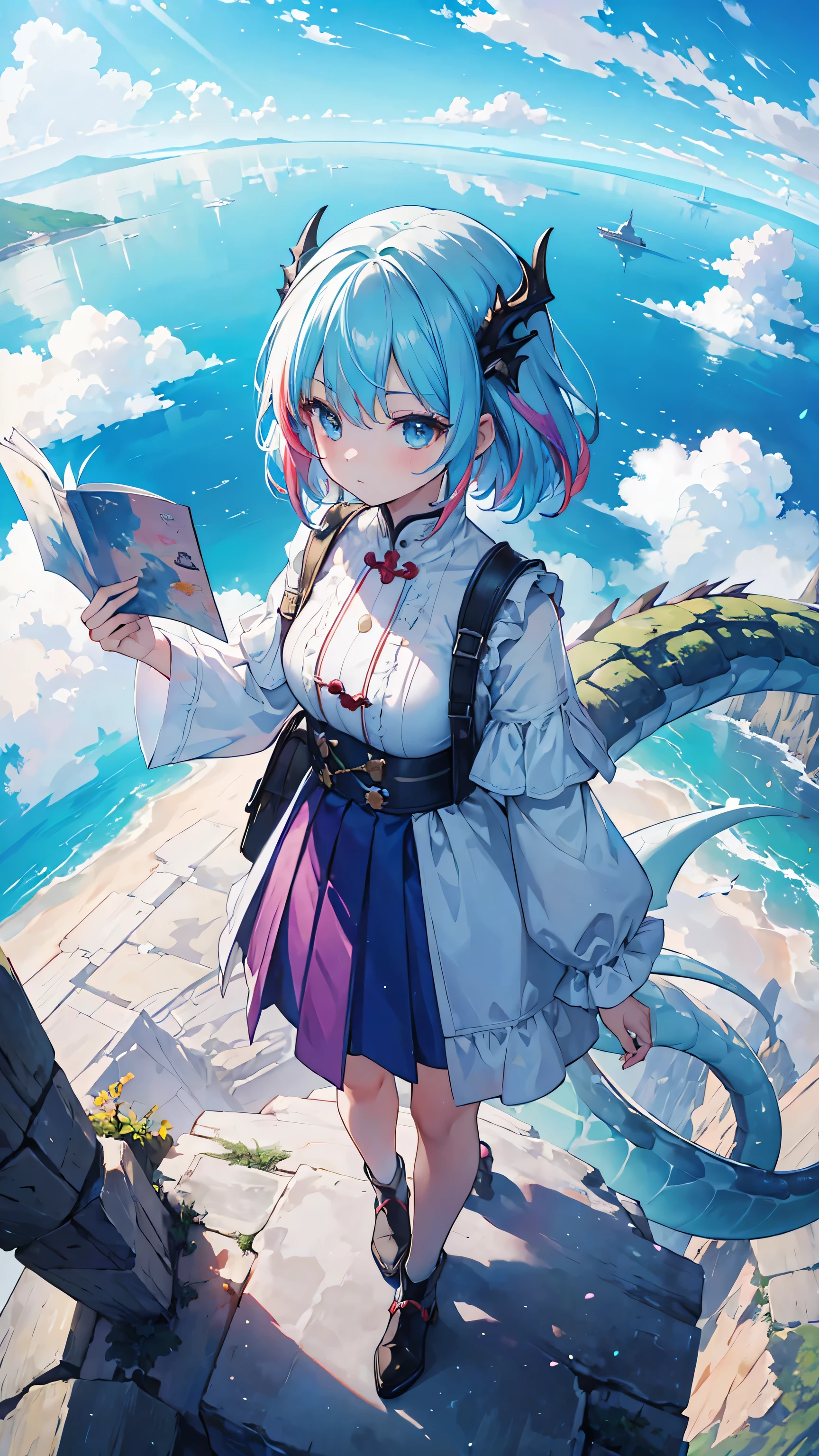 (masterpiece, Top Quality), (colorful:1.4), From the above, solo, girl standing on a cliff overlooking a sea of clouds, Dragons Dance 、 Where Ancient Castles Float in the Mist , with a bag of dragon scales and a map to the hidden area, depth of field, fisheye lens