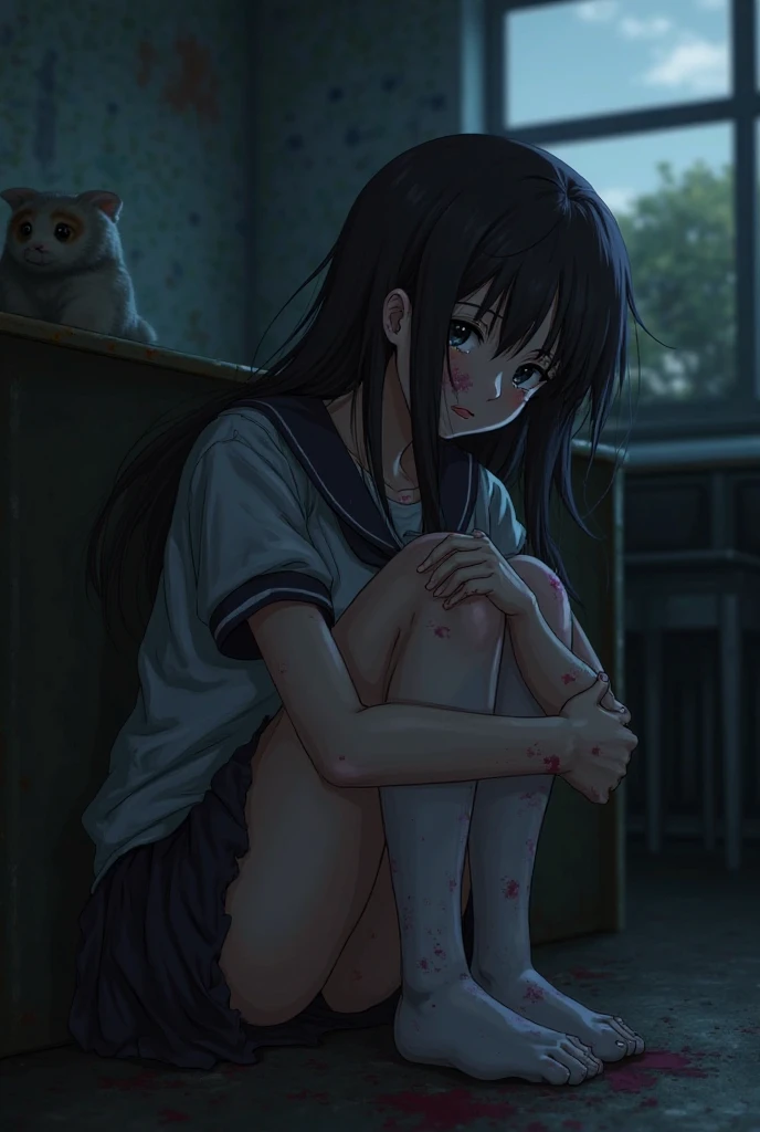 ((masterpiece,Highest quality:1.3,best quality illustration)),(realistic:1.3),cowboy shot,独奏,1woman,(18-year-old、Japanese Beauty)、brown hair,long hair,bangs,brown eyes,gorgeous eyes,((very small head:1.3)),crying,Heavy breathing,((very long body:1.2,skinny)),medium breasts,(Red ribbon tie、White collared shirt、Long sleeve、Navy blue pleated neakers),Wet crotch、sweat,gleaming skin,toned body,slender body,(squatting),Sneakers、Abandoned house、at night、Tokyo、