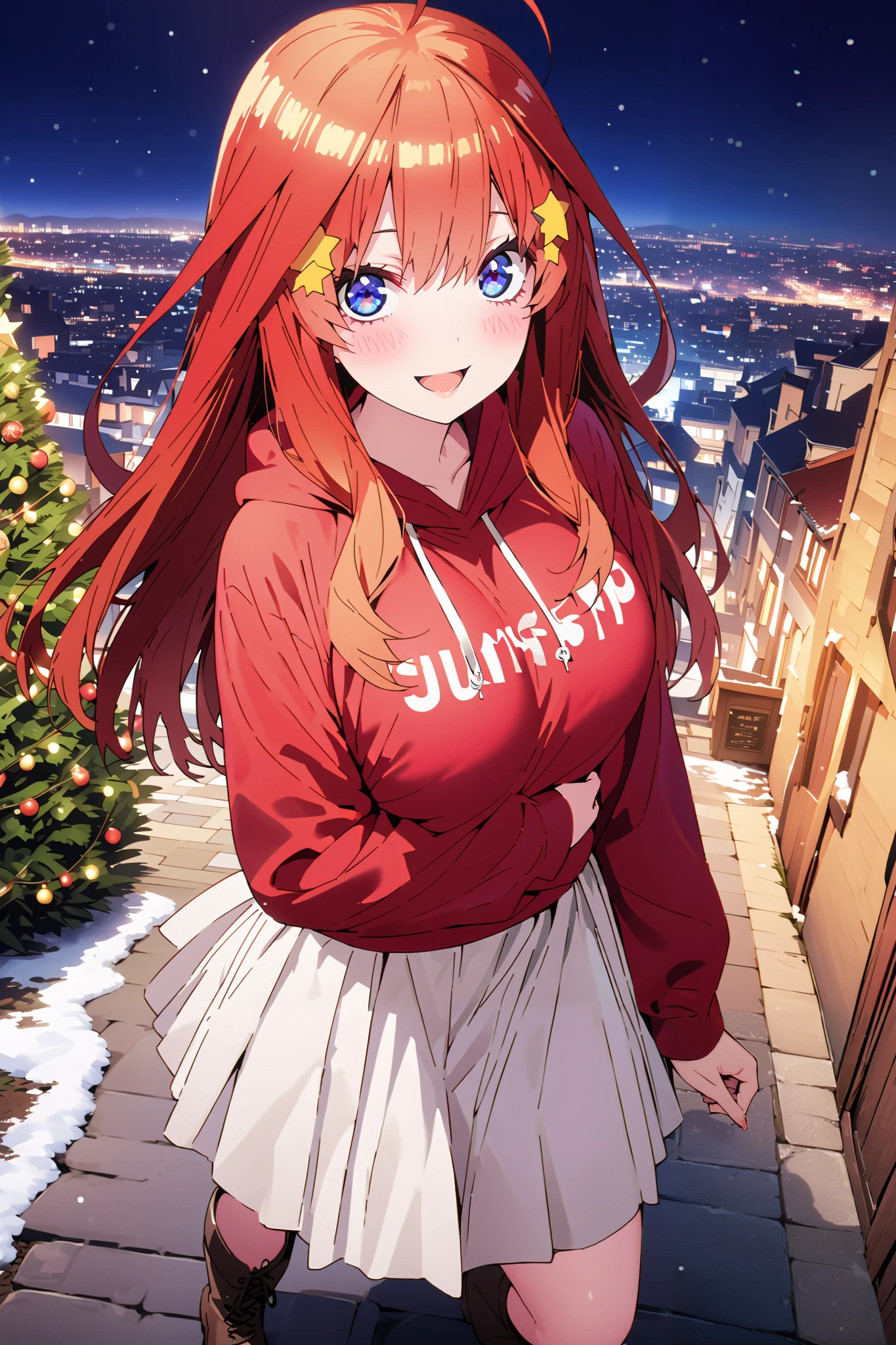 score_9, score_8_up, score_7_up, source_anime, Nakano Mizuki , long hair, blue eyes, hair ornament, red hair, long hair,stupid hair, star (  symbol ), star hair ornament, Big Breasts,smile,cover,opens her mouth, red oversized hoodie , white long skirt,boots,Snow standing in front of a Christmas tree,winter,Beautiful snow scene,cityscape，illumination, white Christmas ,full bodyがillustrationsに入るように,break outdoors,garden,
break looking at viewer,full body,
break (masterpiece:1.2), Top Quality, high resolution, Unity 8k 壁紙, (illustrations:0.8), (beautiful detailed eyes:1.6), very detailed face,  so that it fits into the illustration, extremely detailed CG,full body写真, (Perfect Hand, perfect anatomy),