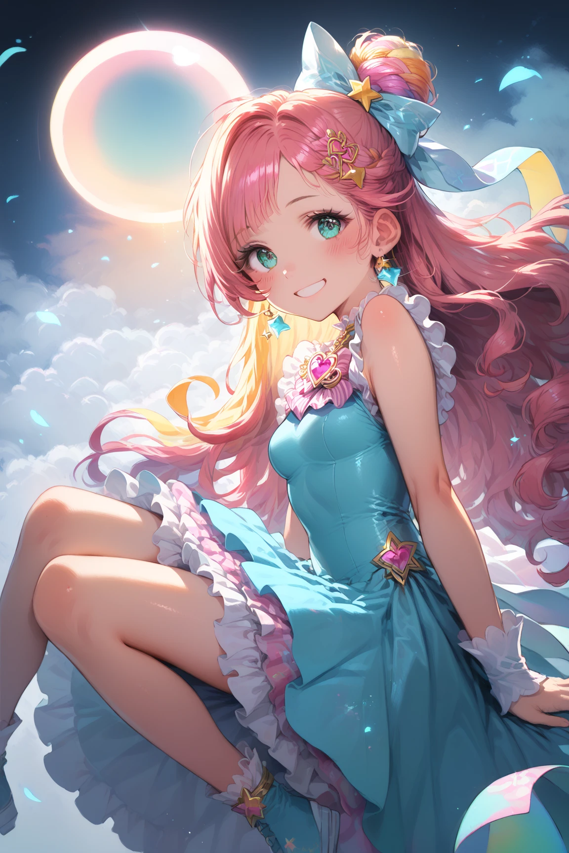 (fullbody, legs and shoes visible: 1.2)) expressive eyes, 1girl, pale skin, short hair, bob cut,  windblown hair, ((absurdly long hair)), long sidelocks, hime bangs, hair fringe, space buns ((very long twintails)), iridescent hair, light blue hair, blushing, full face blushing, big sparkling pastel yellow eyes, (gradient eyes), open mouth smile, cute pose, 
((cute and pastel fashion)) ((🦄🎠🎈🎉 theme : 1.4)) flowy pastel dress, ((dreamy multicolored open dress)), (floating ribbons), lavender ruffles, pink frills, (light blue lace), detached short sleeves, puffy skirt, ((rainbows and stars print skirt : 1.3)), lolita skirt, purple bows, ((pompon ribbons hair ornament : 1.4)), multiple bows, striped lace stockings, (heart shaped leg garter), cute (pastel purple) shoes ((hyperdetailed clothing and fashion)) looking at you, vintage girl, blushing, (beautiful detailed eyes), (extremely detailed CG unity 8k wallpaper) (best shadow), ((an extremely delicate and beautiful)), (detailed light), ((depth of field)) big head, big sparkling eyes, moe, splash art, cinematic lighting, frontal view, volumetric lighting maximalist photo illustration k resolution high res intricately detailed complex key visual precise linear 
((in the dreamy pastel sky background, surrounded by sunset clouds, shooting stars, castles in the clouds)) ((hyperdetailed scenery, foggy clouds, suspended by balloons, hearts : 1.3))