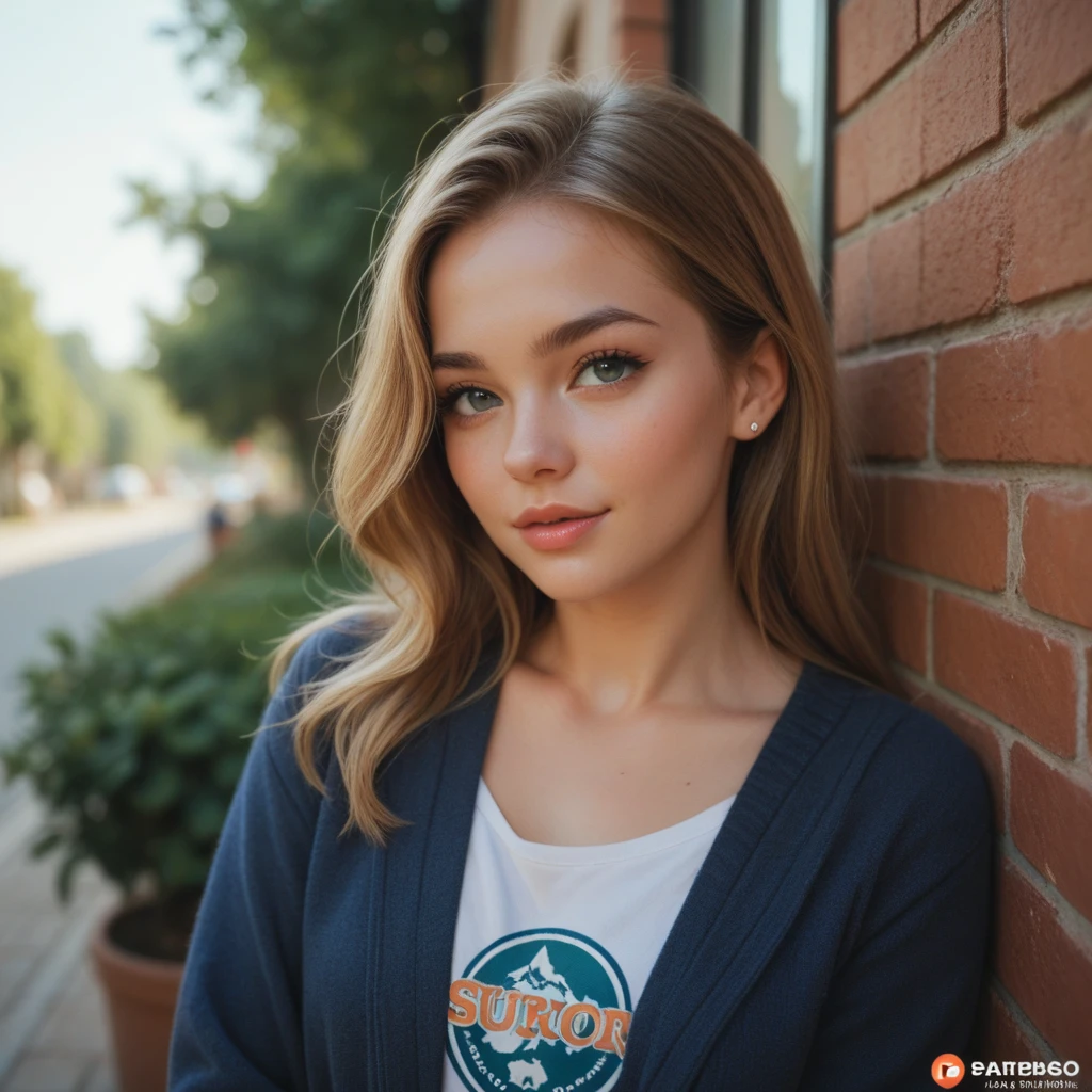 masterpiece, best quality, RAW photo , Laurence Bush Marina Haley, brown eyes, blonde hair, lipstick, smile, long hair, detailed skin texture, (blush:0.5), wearing a tshirt and jeans, 8k, uhd, sflr, soft lighting, high quality, film grain, Fujifilm XT3, hyper realistic, detailed, empty City street in background, beautiful, thai, elegant,photorealistic,high resulution,8K, best quality, detailed shadows, raytracing, bokeh, depth of field, wind 0:5, detailed hair, beautiful face, beautiful girl, ultra detailed eyes, realistic skin,, intricate tree shadows, normal skin, ultra detaield hair, perfekt hair detail,pores, thin face, wind:0.1, sharp, nikon, 85mm f/1.4, 15mm, 35mm, ultra detailed hair, perfect hair, ultrarealistic:1.5, high contrast, agne