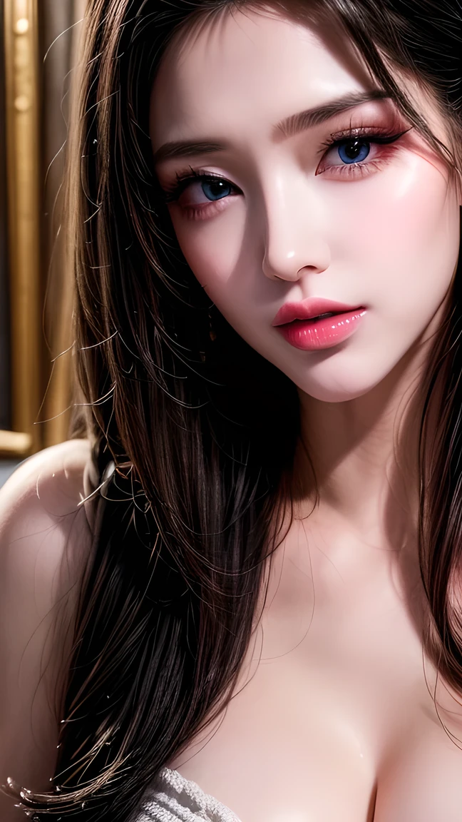 Solo girl, tifa lockhart from final fantasy, long hair, eyelashes, lying on bed, medium breasts, detailed face and eyes, 8K Quality, cleavage, legs, eyes on viewer, caressing,