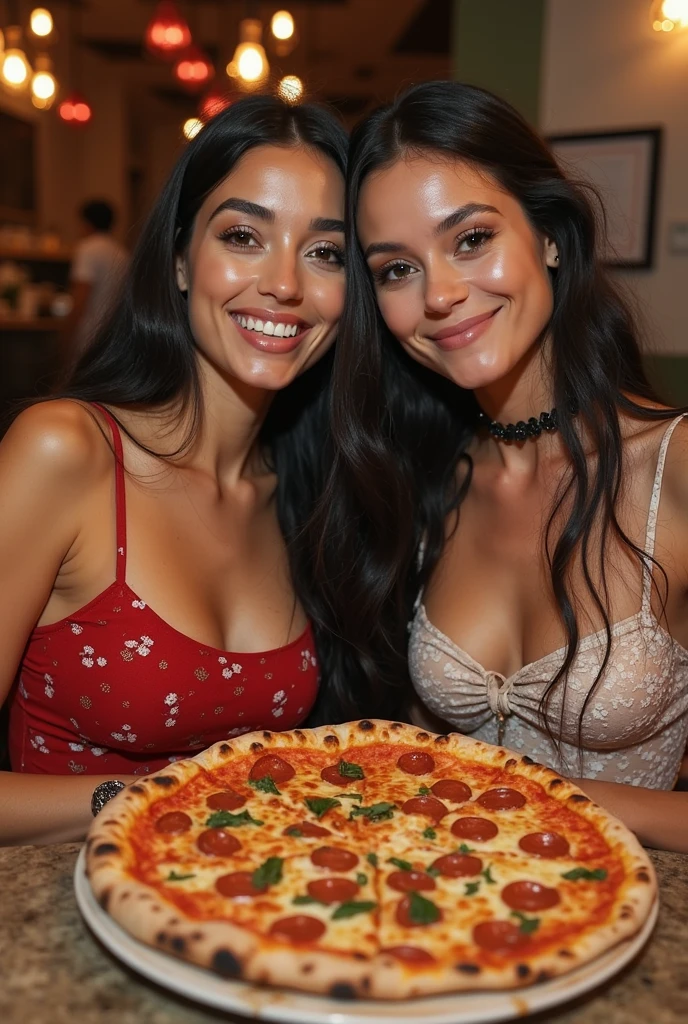 Professional photo, stock image style, smiling happy pretty friends eating pizza together, in pizza restaurant, beautiful pizza, yummy pizza, happy people, people eating, young people, youth, happy, friends, 5 on table. Having fun. Male and female, occupied by eating, movie scene, not looking at camera