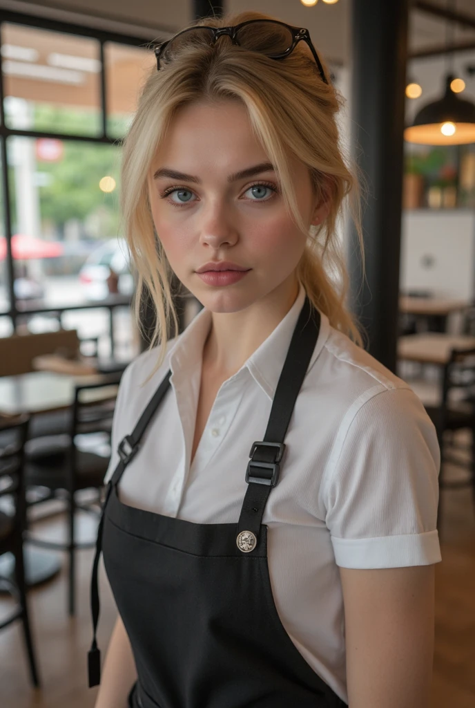 <lora:Olivia Dunne_0l1d7:1> 0l1d7, blonde hair,, waitress serving food in a small diner, loose shirt, apron, beautiful expressive eyes, detailed eyes, hair in a messy bun, happy, dynamic lighting, photorealistic, 8k uhd natural lighting, raw, rich, intricate details, key visual, atmospheric lighting, 35mm photograph, bokeh, professional, 4k, highly detailed