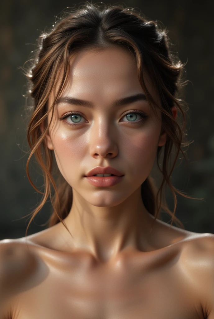 beautiful woman with a sculptural body and perfect face, red-hair, blue eyes, detailed lips, realistic textured skin, pores, hard breasts, muscular body, nude, professional cinematic frontal lighting, (hyper realistic image, high resolution, 4k)
