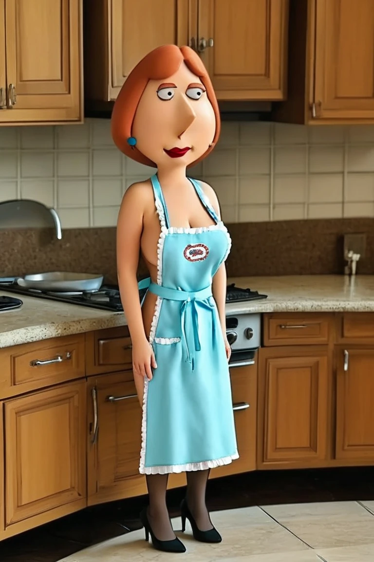 1girl, solo, (cowboy shot, half body shot), (frontal view:1.3, looking at viewer:1.3), Lois Griff, LoisGriff, red hair, blue eyes, polka hair, green shirt, open shirt, jeans, blushed cheeks:1.3, (smirk:1.3), (huge breasts:1.3, fakebreasts), Best quality, hyper-detailed, intricate, detailed eyes:1.3, extremely detailed, masterpiece, RAW, extremely detailed face:1.3,