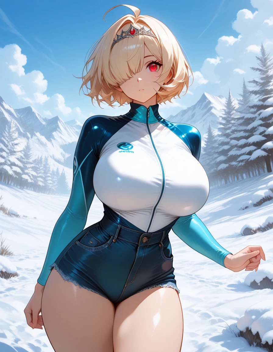 (22year old、Russian beauties、Beautie:1.4)、(shiny white skin:1.5)、(blond hair, short hair:1.6)、(Revealing bodysuit、Red Full Body Rubber Bodysuit:1.5)、 Frolicking、Dynamism:1.9))、((Background with、The sun is dazzling、snow mountains、yuki、Winters、snowscape:1.5)), smile:1.2, evil smile, Surrealism, high detail, Hyperrealism, film grain, tachi-e, sparkle, UHD, masterpiece, ccurate, anatomically correct, textured skin, super detail, high details, high quality, best quality, highres, 1080P, HD, 8k,(C-cup big breasts、Lower breast:1.8)、(toned body、abdominals、Sexy belly、Constricted hips、toned buttocks:1.5)