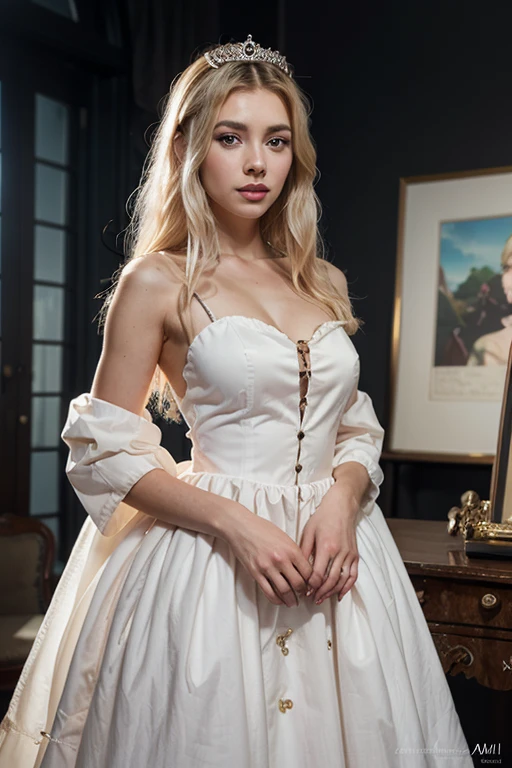 Realistic photography, 8k ,Spanish woman with long blonde hair ,modern victorian dress