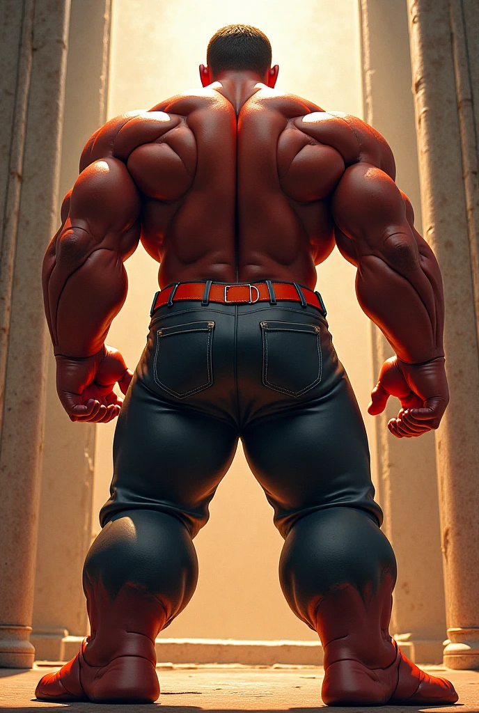 Modeled after The Incredible Hulk,HD 4k,Clean background,Red and black,Black trousers,Back,Threatening,cinematic perspective