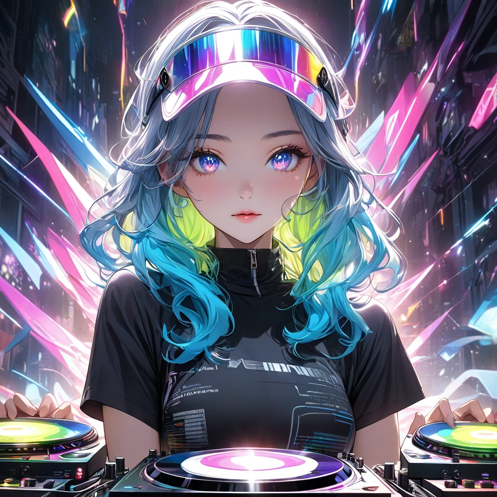 Transparent color PVC clothing, Transparent vinyl futuristic skinny clothes, Prismatic, Holographic, chromatic aberration, Fashion Illustration, masterpiece, DJ Girl, Wink, 8k, Super detailed, Pixiv、((Colorful Hair))、((Wearing futuristic headphones))、(((Rainbow Hair)))、((Large Breasts))、(((Space City)))、((Narrow waist))、(((Long legs)))、((Glowing Eyes))