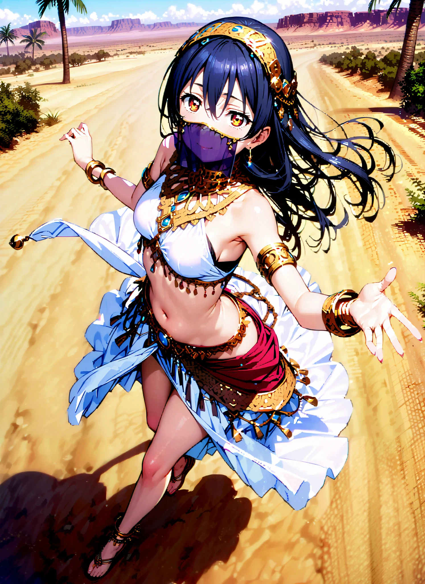 score_9, score_8_up, score_7_up, source_anime, Sonoda Umi , long straight hair, bungs, hair between eyes, brown eyes, blue hair,smile,cover, small ,Arabian clothing, dancer , mouth Veil, belly Dancing,Bare legs,bare feet, Veil, Armlet,Palm Trees,full bodyがillustrationsに入るように, break outdoors, desert,オアシス
break looking at viewer,full body,
break (masterpiece:1.2), Top Quality, high resolution, Unity 8k 壁紙, (illustrations:0.8), (beautiful detailed eyes:1.6), very detailed face, so that it fits into the illustration, extremely detailed CG, (Perfect Hand, perfect anatomy),