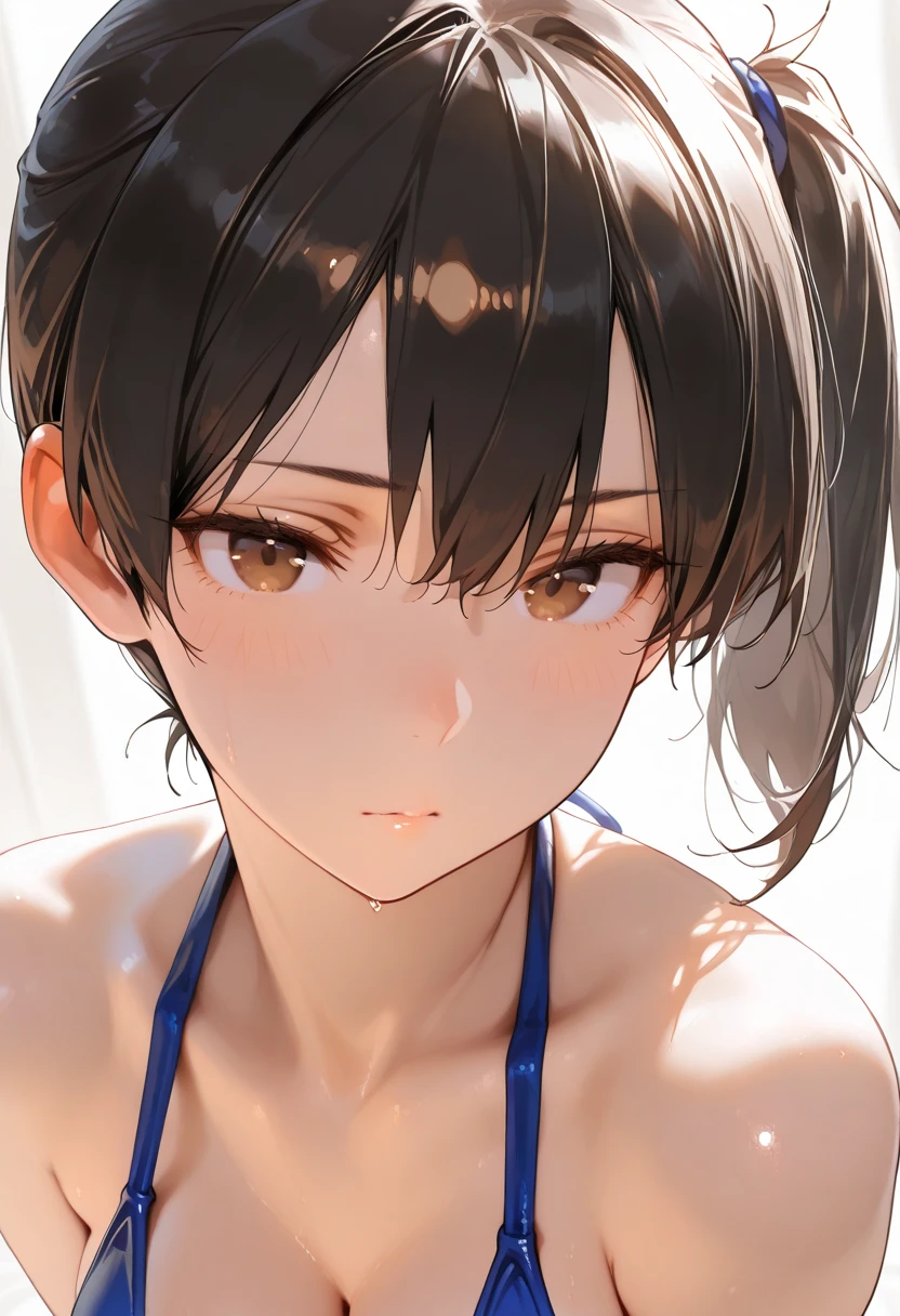 ,8yo,(petite), 1girl, looking at viewer, , hazuki katou,,,, ,bikini,,,,flat chest,(expressionless),bikini,nipple,perfect lighting,perfect shadow,(((Sweating)))