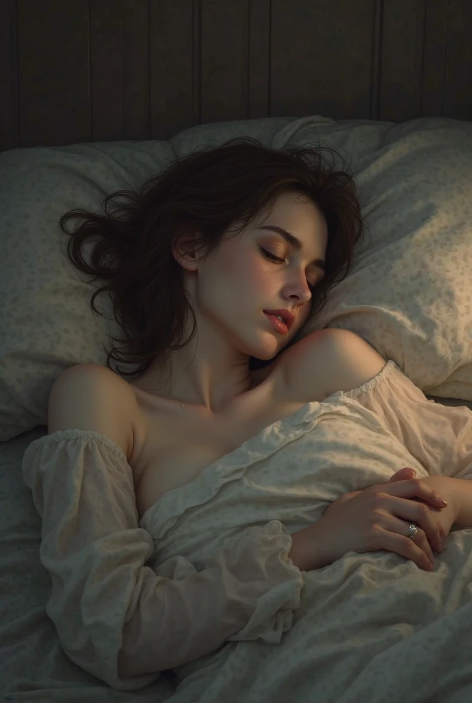 A tranquil bedroom scene features a peaceful woman lying in bed, her face relaxed and serene as she sleeps deeply. The bed is adorned with soft, white linens, creating a sense of comfort and cleanliness. The room is dimly lit, with soft moonlight streaming in through a partially open window, casting a gentle glow on the scene. The woman’s breathing is visually represented by subtle, glowing blue lines that curve gently around her nose and mouth, symbolizing clear, unobstructed airflow. These lines are delicate, almost ethereal, drawing the viewer's eye to the ease of her breath. The overall color palette is cool and calming, with soft blues and whites dominating the scene. The background elements are slightly blurred, ensuring the focus remains on the woman's peaceful expression and the soothing flow of breath. This image exudes a sense of calm and relief, making it an inviting visual for anyone looking for a solution to nighttime breathing issues.