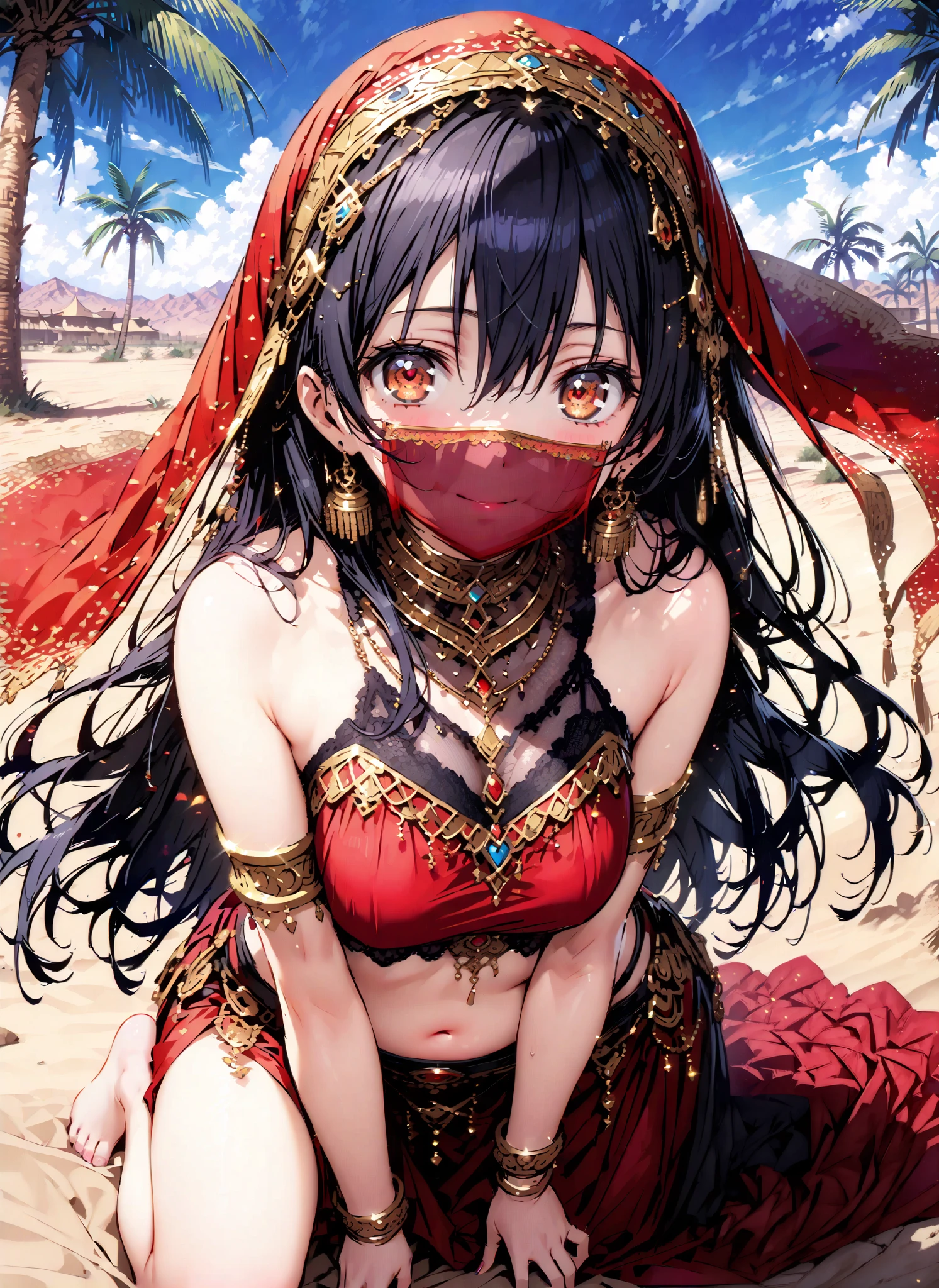 score_9, score_8_up, score_7_up, source_anime,  Sonoda Umi  , long straight hair, bungs, hair between eyes, brown eyes, blue hair,smile,cover, small ,Arabian clothing,  dancer , mouth Veil, belly Dancing,Bare legs,bare feet, Veil, Armlet,Palm Trees,full bodyがillustrationsに入るように, break outdoors, desert,オアシス
break looking at viewer,full body,
break (masterpiece:1.2), Top Quality, high resolution, Unity 8k 壁紙, (illustrations:0.8), (beautiful detailed eyes:1.6), very detailed face,  so that it fits into the illustration, extremely detailed CG, (Perfect Hand, perfect anatomy),