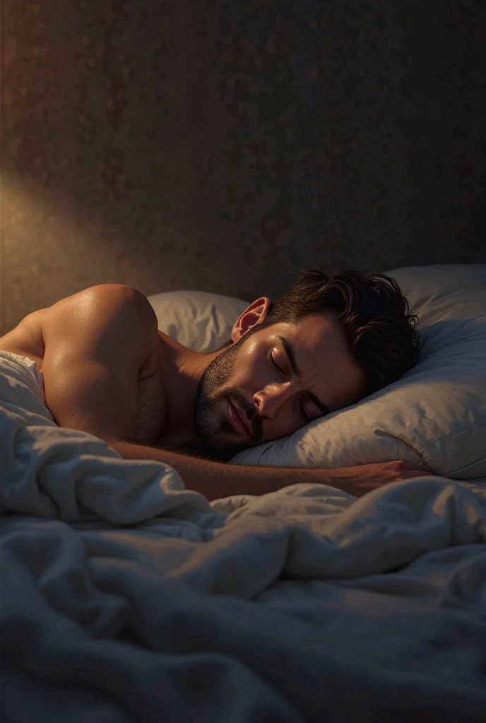 Naked hairy man in his bed