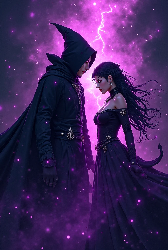 long shot, masked male ghost assassin in black clothes, dancing with a beautiful woman in purple and gold dress, high detail, wide shot, 4K, 3D, REALISTIC, (iridescent glow smoke), UHD, 32K, very bold neon colors, black light, neon light