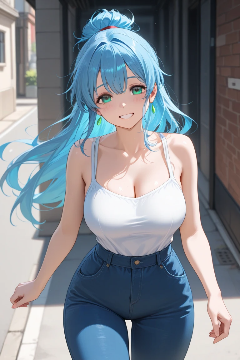 ((masterpiece)), ((best quality)), ((4K)), tall girl, ????? shirts, pull up shirts, smiling