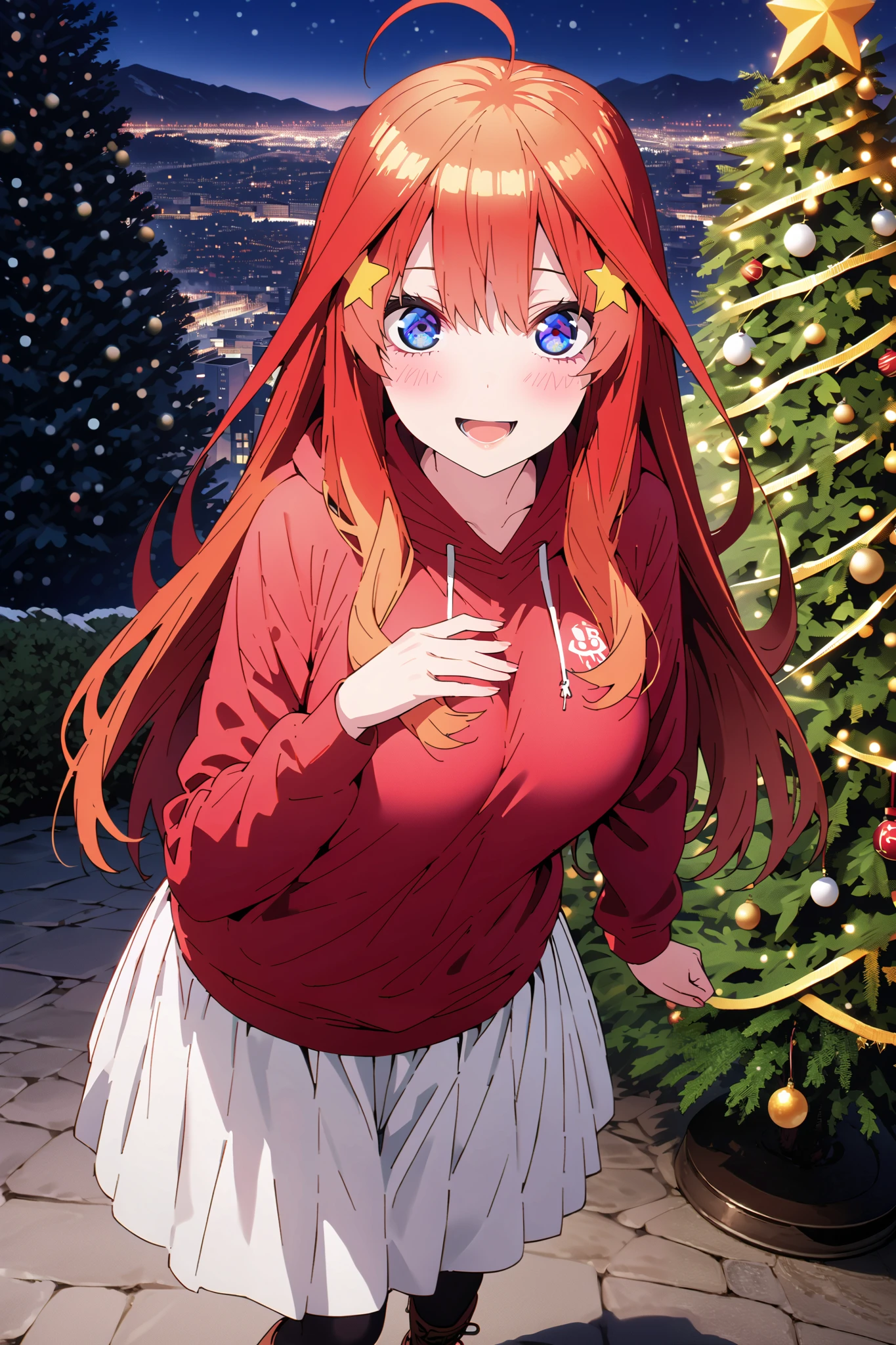 score_9, score_8_up, score_7_up, source_anime, Nakano Mizuki , long hair, blue eyes, hair ornament, red hair, long hair,stupid hair, star ( symbol ), star hair ornament, Big Breasts,smile,cover,opens her mouth, red oversized hoodie , white long skirt,boots,Snow standing in front of a Christmas tree,winter,Beautiful snow scene,cityscape,illumination, white Christmas ,full bodyがillustrationsに入るように,break outdoors,garden,
break looking at viewer,full body,
break (masterpiece:1.2), Top Quality, high resolution, Unity 8k 壁紙, (illustrations:0.8), (beautiful detailed eyes:1.6), very detailed face, so that it fits into the illustration, extremely detailed CG,full body写真, (Perfect Hand, perfect anatomy),