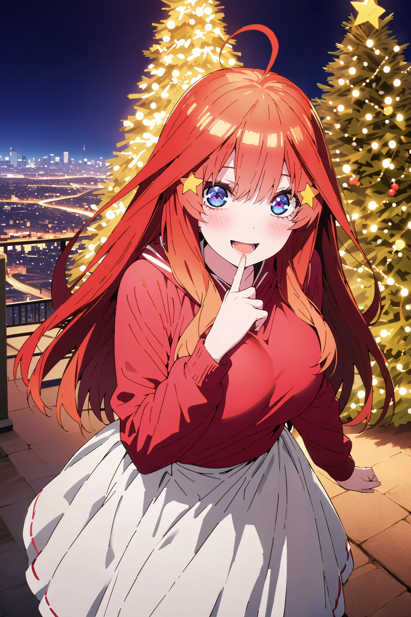 score_9, score_8_up, score_7_up, source_anime, Nakano Mizuki , long hair, blue eyes, hair ornament, red hair, long hair,stupid hair, star ( symbol ), star hair ornament, Big Breasts,smile,cover,opens her mouth, red oversized hoodie , white long skirt,boots,Snow standing in front of a Christmas tree,winter,Beautiful snow scene,cityscape,illumination, white Christmas ,full bodyがillustrationsに入るように,break outdoors,garden,
break looking at viewer,full body,
break (masterpiece:1.2), Top Quality, high resolution, Unity 8k 壁紙, (illustrations:0.8), (beautiful detailed eyes:1.6), very detailed face, so that it fits into the illustration, extremely detailed CG,full body写真, (Perfect Hand, perfect anatomy),