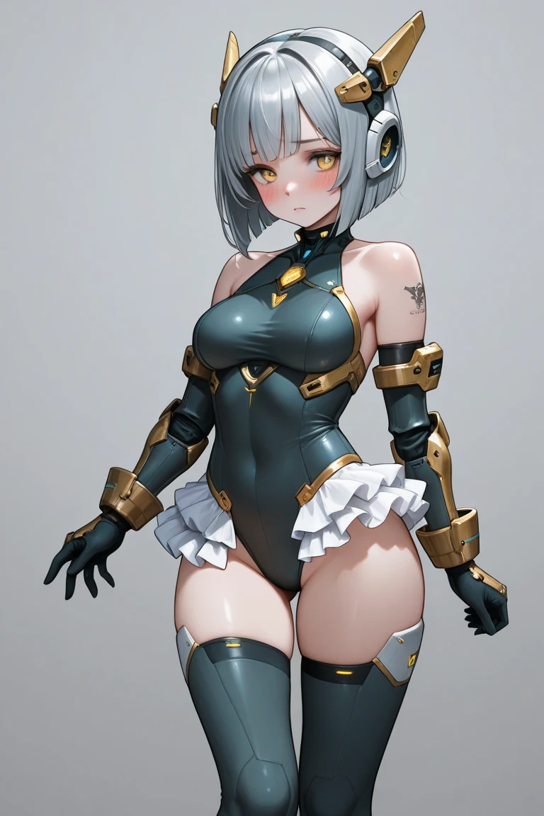 (cabello despeinado), (illustration), retrato, (fondo de ciudad futurista), (arms behind back), ropa ajustada, Cintura delgada, pose provocativa, gran sonrisa, ojos detallados, abdominales fuertes, chica delgada, strong abs, muscle girl, front pose, big thighs, focus on face, small breast, large background, blue hair, sit on rock, detailed vagina, sexy maid dress with skirt, bikini, separated legs, nude, heavy armor suit, mecha musume, mechanical parts, robot joints