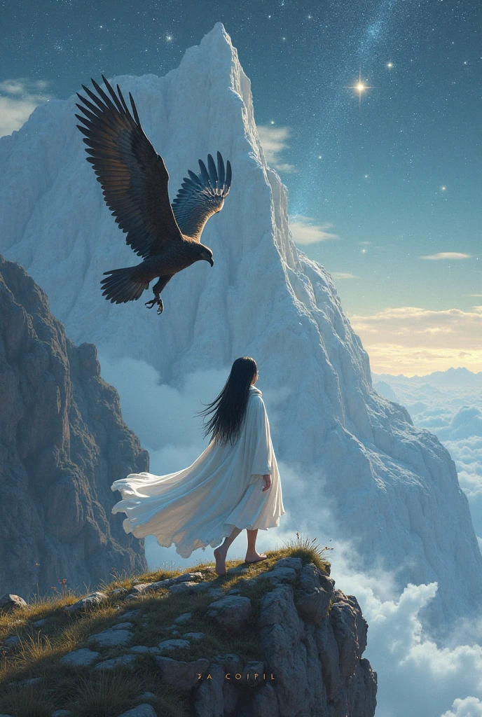 fallen angel being friendly with a good angel on a mountain with large view