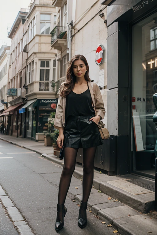 Femme de 25 ans, brune, curly and long hair, Dressed chic, corps parfait
