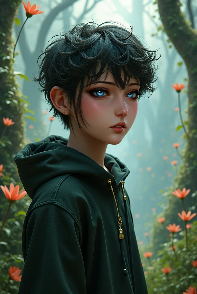 Teenage boy with black hair green locks green eyes fantasy novels version
